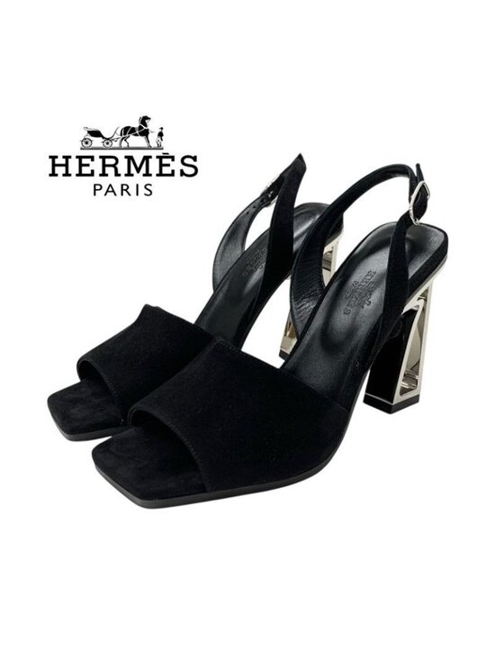Hermes Crystal 105 Sandals Shoes Suede Black Silver Strap main image 2